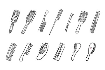 Large set of hair combs in doodle style. Hairdressing tools. Comb, hair brush, massage comb. Hairdresser. Stylist. Beauty salon. Hand drawn