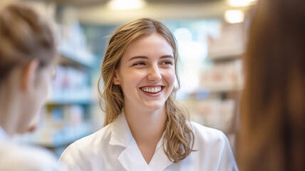 Freundliche Apothekenhelferin bedient Kunden in Apotheke oder Drogerie
