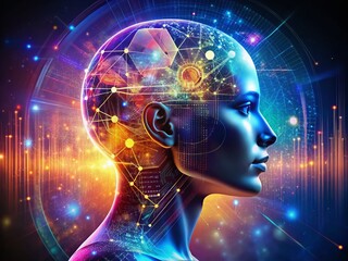 Abstract Design of a Human Head Representing Artificial Intelligence and Science Concept in Silhouette Photography, 3D Rendering with Futuristic Elements and Digital Patterns