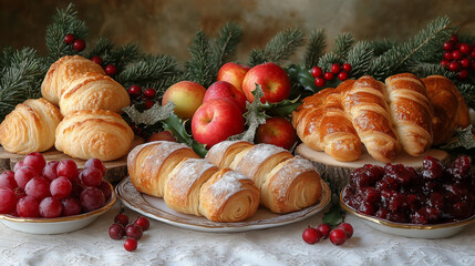 Holiday breakfast spread with croissants, fresh fruits and winter decorations