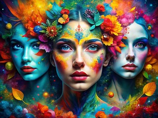 Abstract Double Exposure Photography Featuring Colorful Faces Creating a Vivid Pattern for Unique Wallpaper Backgrounds and Artistic Displays in Modern Design Concepts