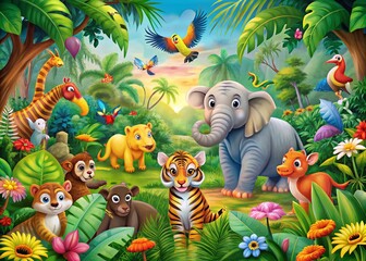Vibrant Jungle Cartoon Zoo Animals Surrounded by Lush Plants in a Whimsical Panoramic Landscape for Children's Illustrations and Educational Materials