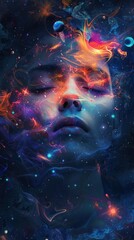 Dreamy cosmic portrait of a woman with closed eyes, surrounded by swirling galaxies and vibrant colors. Mystical and ethereal atmosphere exploring the universe within.