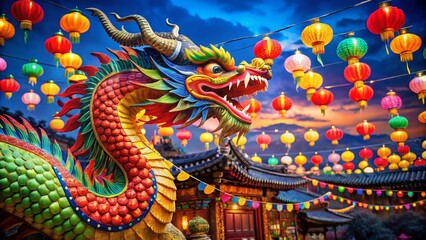 Fototapeta premium Vibrant Korean New Year Celebration Featuring a Colorful Dragon Dance with Festive Decorations and Lanterns in a Joyful Atmosphere, Perfect for Cultural and Holiday Themes
