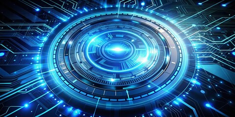 Fototapeta premium Abstract Futuristic Blue Digital Technology with Circle HUD and Circuit Elements for Game and Advertising Artwork in High Depth of Field Design Concepts
