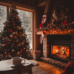 Christmas tree by the fireplace in the midst of winter 