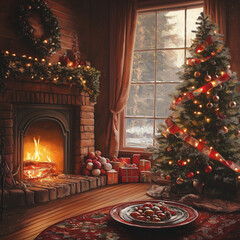 Christmas tree by the fireplace in the midst of winter 