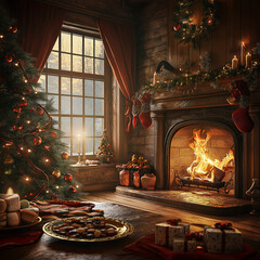 Christmas tree by the fireplace in the midst of winter 