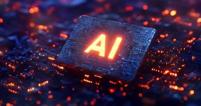 Digital data flows over a circuit board and CPU in a looping background, highlighting AI, data mining, and modern computing technology with a silicon chip labeled "AI."