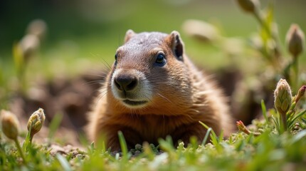 Naklejka premium close-up of a groundhog emerging from its burrow on a sunny day, surrounded by budding flowers and green grass, symbolizing the arrival of early spring. The image captures the essence of Groundhog Day