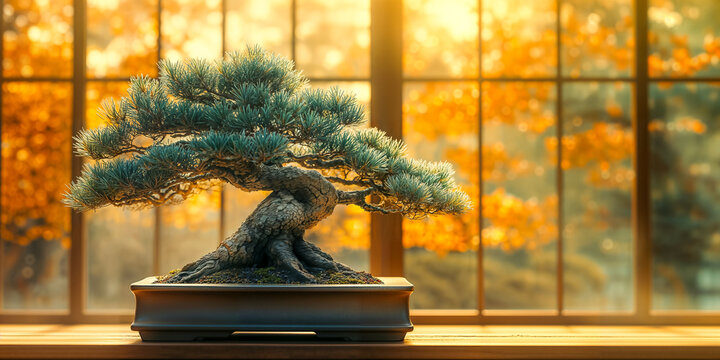 A Japanese white pine (pinus parviflora) bonsai, shogin, informal upright style (Moyogi), in terracotta pot.