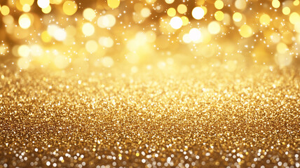 Glitzernder Hintergrund in gold mit Bokeh Licht und leuchtenden Sternen für Weihnachten Silvester oder Geburtstag oder Hochzeit