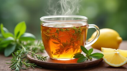 close-up of a steaming cup of detox tea, with fresh herbs and lemon slices beside it, showcasing the vibrant colors and inviting aroma. The image conveys a sense of health and wellness