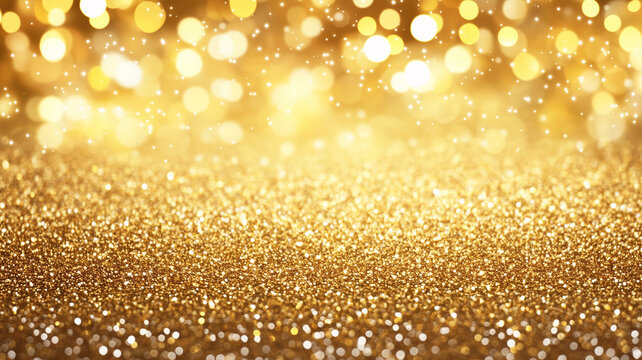 Glitzernder Hintergrund in gold mit Bokeh Licht und leuchtenden Sternen f&uuml;r Weihnachten Silvester oder Geburtstag oder Hochzeit