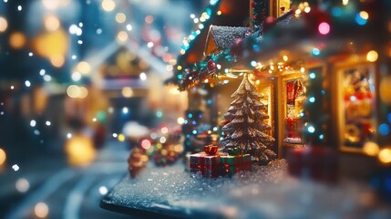Christmas gift shop with vibrant lights, dynamic movement, soft glow, festive atmosphere