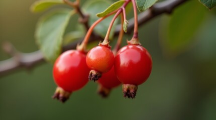 Obraz premium close-up of fresh rosehip berries on a branch, showcasing their vibrant red color and unique shape, with soft natural lighting highlighting the details of the fruit. The background is softly blurred