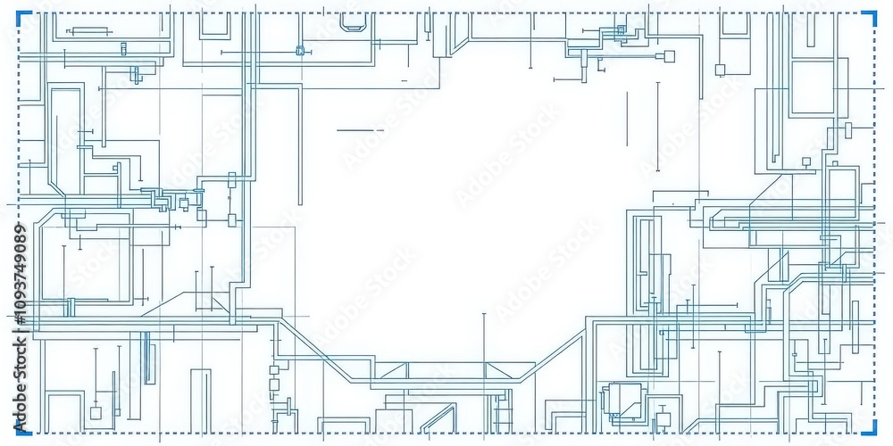 Poster digital blueprint effect on white background with architectural sketches and lines, blueprint effect