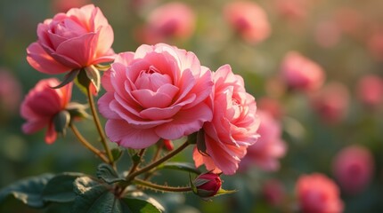 Fototapeta premium A close-up of wild rose flowers in full bloom, showcasing their delicate petals and vibrant colors, with soft natural lighting enhancing the details
