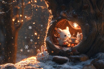 Cute woodland creatures having a Christmas tea party inside a cozy hollow tree, snowflakes gently falling outside