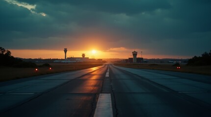 military airport runway at dusk, with dramatic, warm golden lighting casting long shadows across the dark asphalt, the distant control tower and hangars silhouetted against a deep blue sky