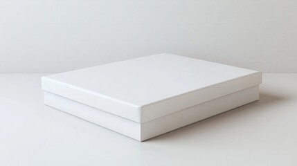 Fototapeta premium A rectangular, glossy white gift box, displayed with the lid slightly open on a smooth white surface