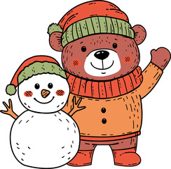 Cheerful Bear and Snowman Illustration