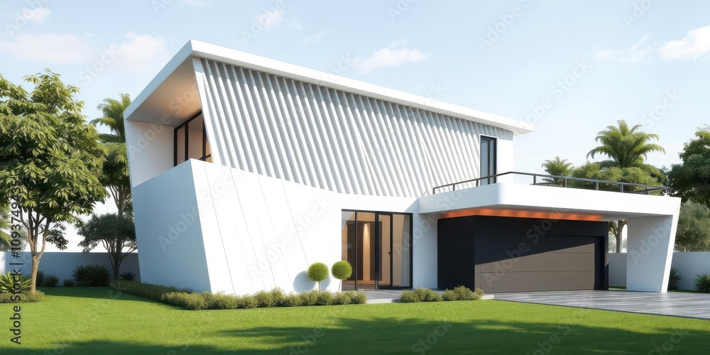Poster futuristic abstract rendering of a modern house with sleek lines and geometric shapes, architecture,