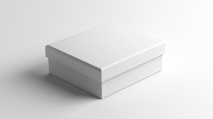 Naklejka premium A rectangular, glossy white gift box, displayed with the lid slightly open on a smooth white surface