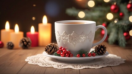 Fototapeta premium Christmas Mug with Holly Design Ornaments and Soft Bokeh Lights in a Hygge Holiday Scene V2