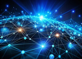 Abstract Network Connections with Blue Toned Dots and Lines in Long Exposure, Creating a Dynamic Visual Representation of Data Flow and Connectivity in Modern Technology