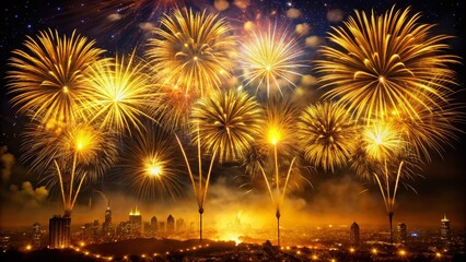 Abstract New Year Celebration Background with Gold Fireworks – Ideal for Holiday Promotions and Events, Featuring Silhouette Elements with Ample Copy Space for Creative Designs