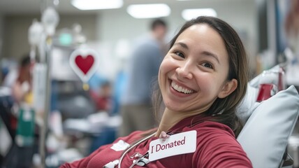Joyful blood donor smiling after donation in community center