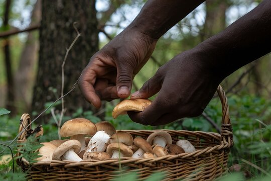Close-up of black hands picking fresh wild mushrooms into a basket in a lush green forest.