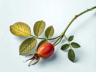 single rosehip fruit on a light background, emphasizing its natural beauty and health benefits, particularly its role in immune support
