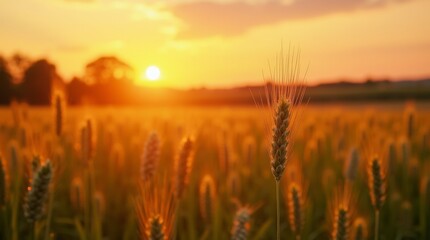 Fototapeta premium cozy meadow with wheat, grain and cereal in the sunset, farm, field, beautiful, golden hour