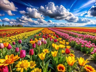 Fototapeta premium Vibrant Panoramic Photography of Colorful Flower Fields Ideal for Painting Inspiration and Artistic Reference, Showcasing Nature's Beauty in Rich Detail