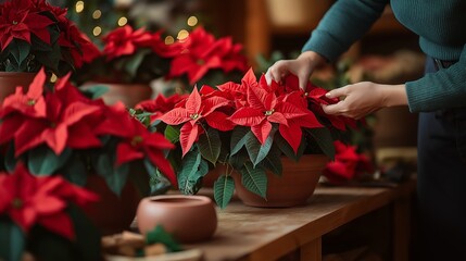A person gently arranging vibrant red poinsettia plants in terracotta pots with festive Christmas decorations in the background