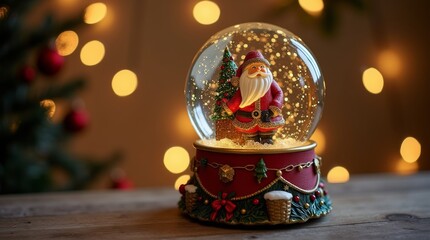 Fototapeta premium New Year's souvenir snow globe with backlight Santa Claus