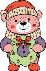 Cute Pink Bear Holding Merry Christmas Sign