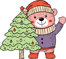 Cute Pink Bear with Christmas Tree Illustration
