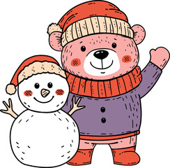 Cheerful Pink Bear and Snowman Illustration