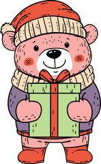 Cute Pink Bear Character with Christmas Gift