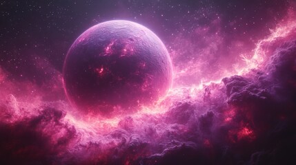 Fantasy pink moon over snowy mountain landscape, otherworldly scene, vibrant twilight, celestial body, surreal alien landscape, mysterious night, cosmic atmosphere, fantasy background