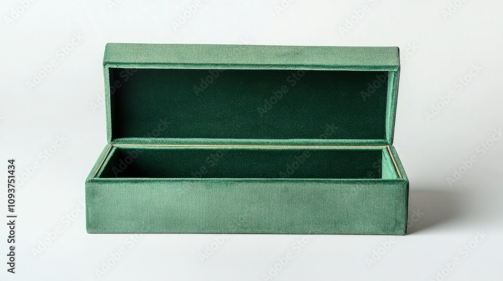 Poster a rigid rectangular box with a velvet lining, slightly open on a white background