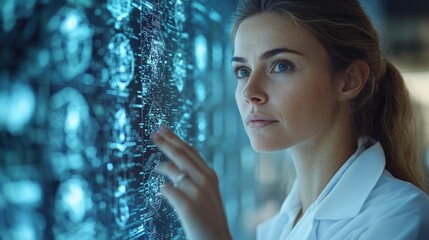Female scientist analyzing digital interface with futuristic data, high-tech research, laboratory, advanced technology, artificial intelligence, innovation, science exploration