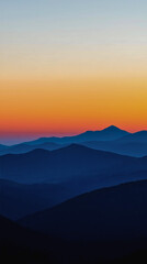 Fototapeta premium Sunset over mountains with silhouettes in twilight nature scenery, peaceful horizon, vibrant sunset sky and dusk tranquility, serene layers of majestic landscape inspiring calm and beauty