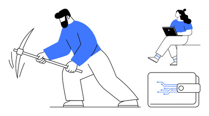 Person mining cryptocurrency with a pickaxe, woman using laptop, digital wallet icon. Ideal for cryptocurrency mining, blockchain technology, remote work, digital finance, fintech services, online