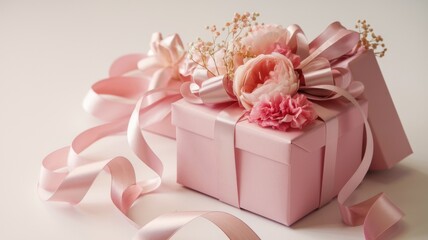 A gift box made in pastel pink tones with a place for text. The box is elegantly decorated with intricate ribbons and delicate flowers, which gives it a touch of romance and charm.