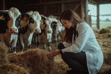 A dedicated veterinarian offers compassionate care to cattle in a wellorganized barn, essential for their wellbeing and vital for livestock welfare, ensuring they thrive and support agriculture