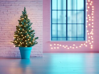 Fototapeta premium christmas tree in a blue pot, in a big empty space next to a window